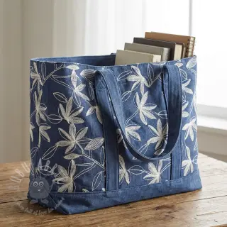 Katoenen stof JEANS Embroidery Flowers white