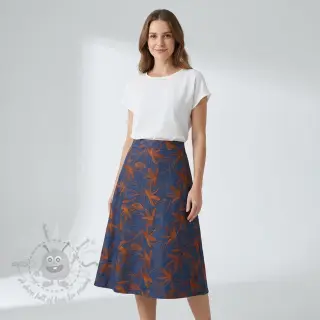 Bavlnená látka JEANS Embroidery Flowers camel