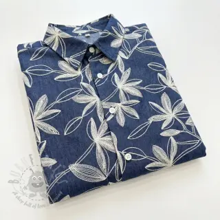 Katoenen stof JEANS Embroidery Flowers white