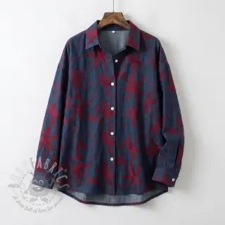 Katoenen stof JEANS Embroidery Flowers burgundy