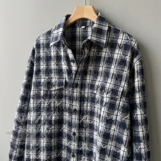 Katoenen stof YARN DYED BRUSHED Check EMBROIDERY navy