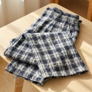 Katoenen stof YARN DYED BRUSHED Check EMBROIDERY navy