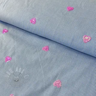 Katoenen stof Stripes Sequins Hearts blue