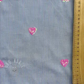 Katoenen stof Stripes Sequins Hearts blue