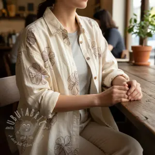 Viscose met linnen EMBROIDERY Flower Maya natural