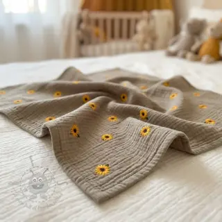 Dubbelgaas/mousseline EMBROIDERY Sunflowers beige