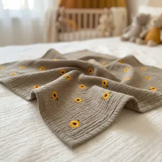 Dvojitá gázovina/mušelín EMBROIDERY Sunflowers beige