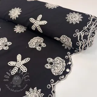 Katoenen stof EMBROIDERY Sea ornaments black