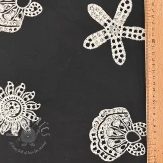 Katoenen stof EMBROIDERY Sea ornaments black