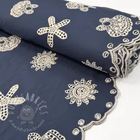 Katoenen stof EMBROIDERY Sea ornaments navy