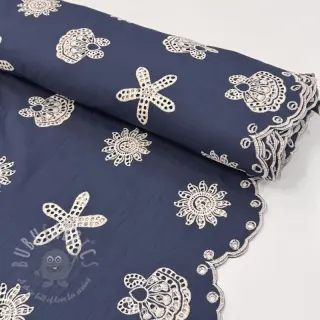 Katoenen stof EMBROIDERY Sea ornaments navy