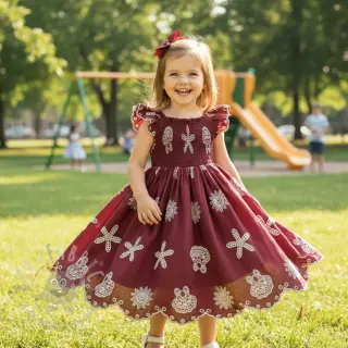 Katoenen stof EMBROIDERY Sea ornaments bordeaux