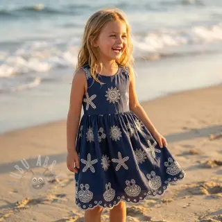 Katoenen stof EMBROIDERY Sea ornaments navy