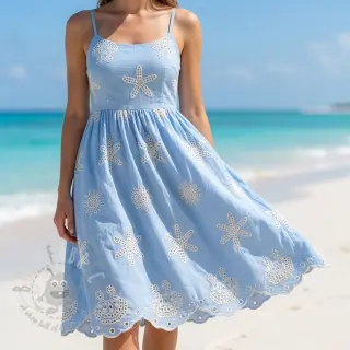 Bavlnená látka EMBROIDERY Sea ornaments light blue