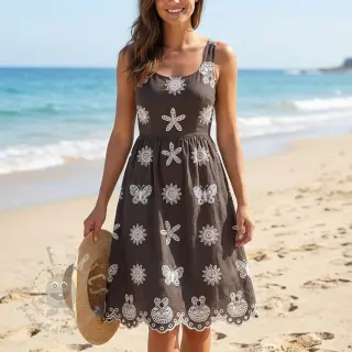 Katoenen stof EMBROIDERY Sea ornaments brown
