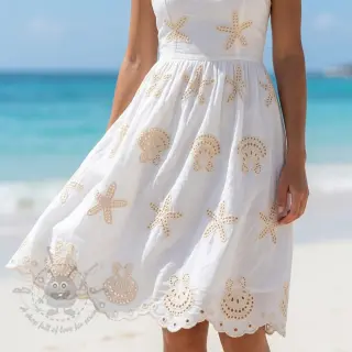 Katoenen stof EMBROIDERY Sea ornaments white