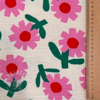 Dubbelgaas/mousseline Flowers natural/pink by JENNIFER BOURON ORGANIC