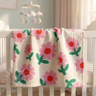 Dubbelgaas/mousseline Flowers natural/pink by JENNIFER BOURON ORGANIC