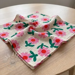 Dubbelgaas/mousseline Flowers natural/pink by JENNIFER BOURON ORGANIC