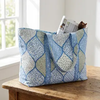 Bavlnená látka Flowers patchwork baby blue