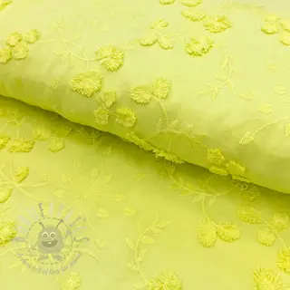 Katoenen stof EMBROIDERY Catchy leaves lime