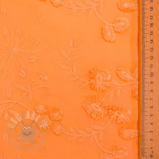 Katoenen stof EMBROIDERY Catchy leaves orange