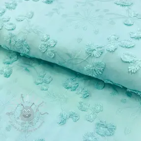 Katoenen stof EMBROIDERY Catchy leaves aqua