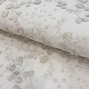 Katoenen stof EMBROIDERY Catchy leaves beige