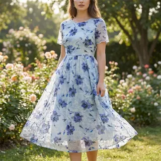 Katoenen stof met bijmenging van EMBROIDERY Rose blue