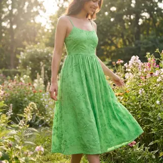 Katoenen stof EMBROIDERY Catchy leaves green