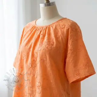 Katoenen stof EMBROIDERY Catchy leaves orange