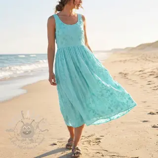Katoenen stof EMBROIDERY Catchy leaves aqua