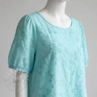 Katoenen stof EMBROIDERY Catchy leaves aqua