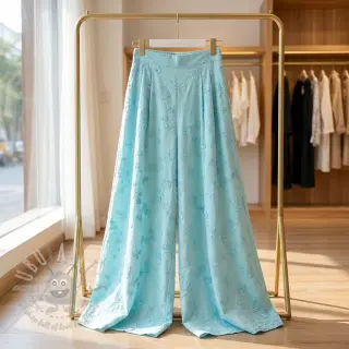 Katoenen stof EMBROIDERY Catchy leaves aqua