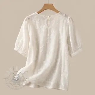 Katoenen stof EMBROIDERY Catchy leaves off white