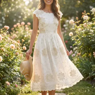 Katoenen stof EMBROIDERY Bellagio butter