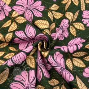 Katoenen stof SATIN Autumn flowers dark green