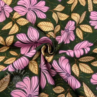 Katoenen stof SATIN Autumn flowers dark green