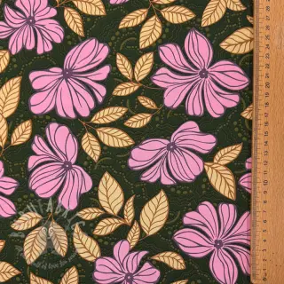 Katoenen stof SATIN Autumn flowers dark green