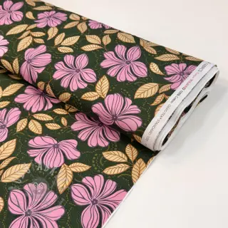 Katoenen stof SATIN Autumn flowers dark green