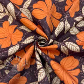 Katoenen stof SATIN Autumn flowers dark brown