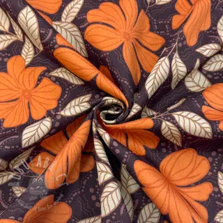Katoenen stof SATIN Autumn flowers dark brown