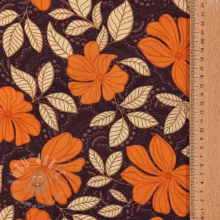Katoenen stof SATIN Autumn flowers dark brown