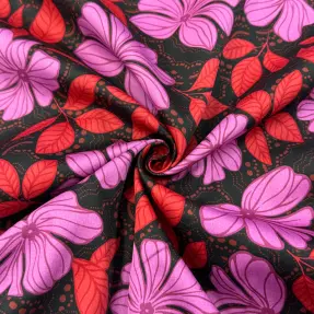 Bavlnená látka SATIN Autumn flowers dark red