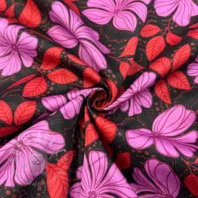 Katoenen stof SATIN Autumn flowers dark red