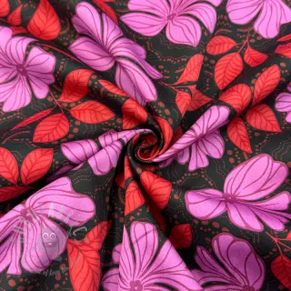 Katoenen stof SATIN Autumn flowers dark red