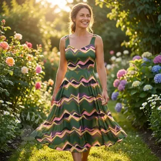 Katoenen stof SATIN Abstract waves dark green