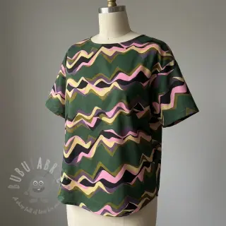 Katoenen stof SATIN Abstract waves dark green