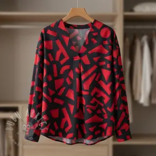 Katoenen stof SATIN Geometric dark red