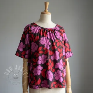 Katoenen stof SATIN Autumn flowers dark red
